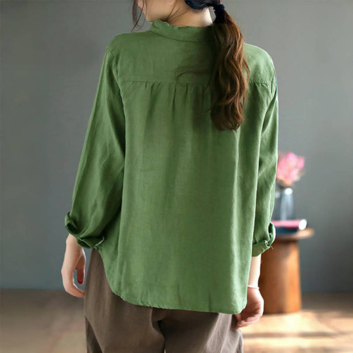 Buddha Stones Spring Embroidery Long Sleeve Colorful Button Label Cotton Linen Women's Shirt - image 10