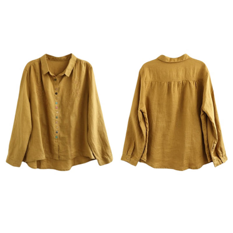 Buddha Stones Spring Embroidery Long Sleeve Colorful Button Label Cotton Linen Women's Shirt