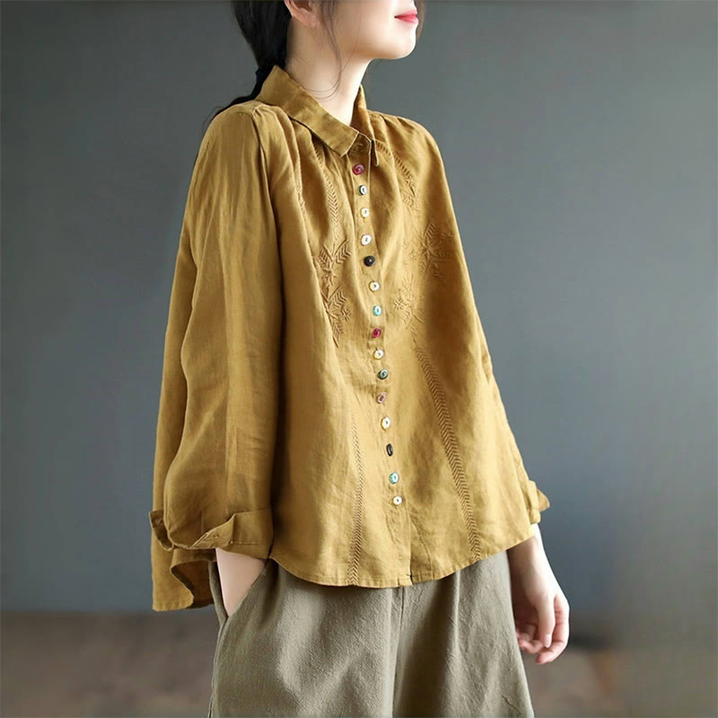 Buddha Stones Spring Embroidery Long Sleeve Colorful Button Label Cotton Linen Women's Shirt - image 1
