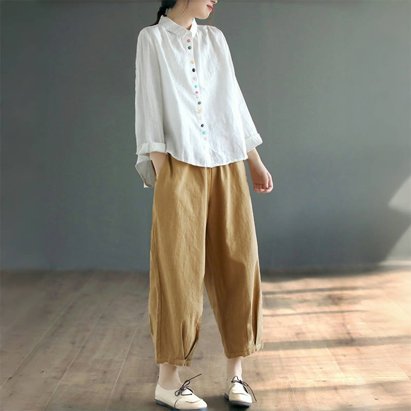 Buddha Stones Spring Embroidery Long Sleeve Colorful Button Label  Women's Shirt - image 8