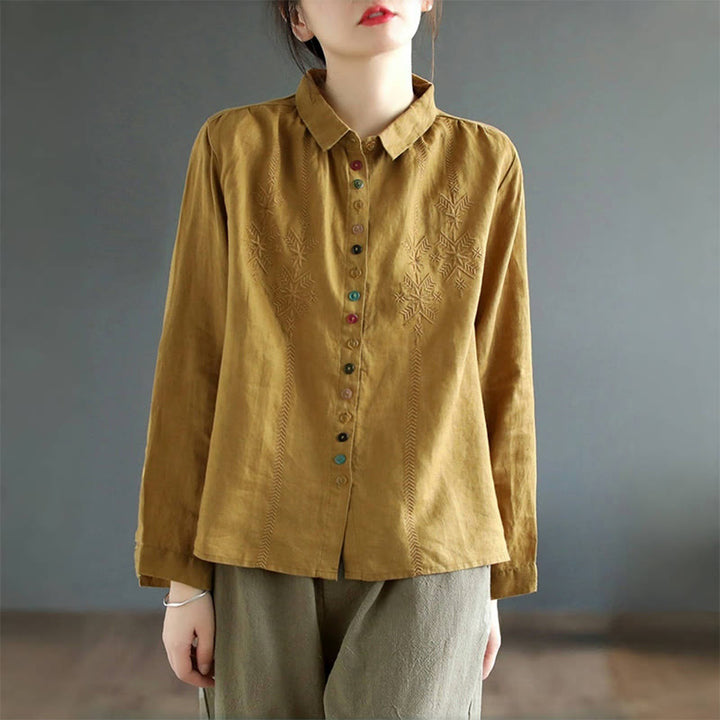 Buddha Stones Spring Embroidery Long Sleeve Colorful Button Label Cotton Linen Women's Shirt
