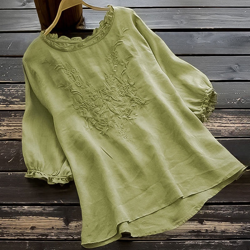 Buddha Stones Casual Embroidery Half Puff Sleeve Ruffles Crew Neck Cotton Linen Women's T-Shirt - LightGreen - US14，UK/AU18，EU46 (4XL) - image 0