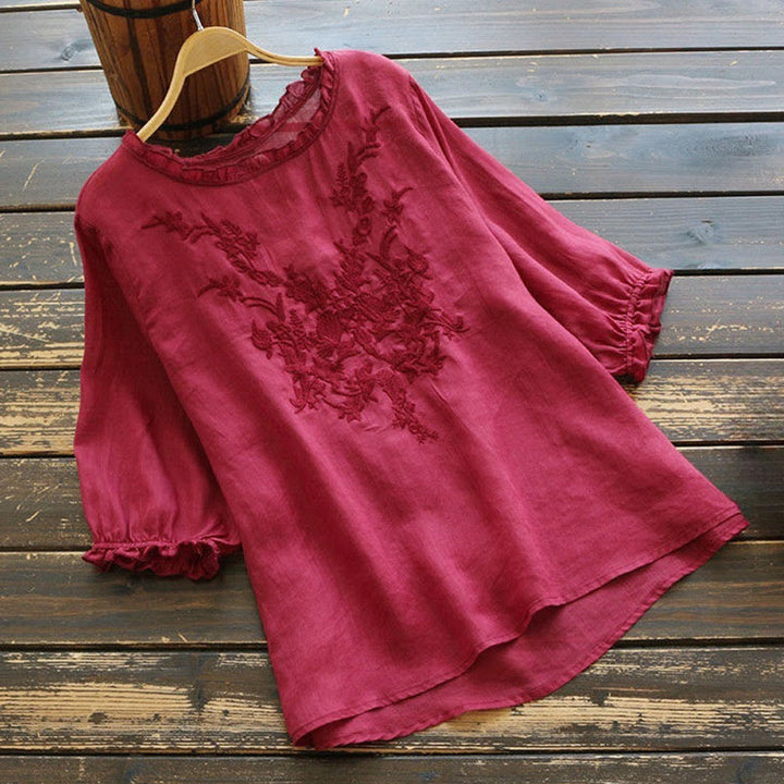 Buddha Stones Casual Embroidery Half Puff Sleeve Ruffles Crew Neck Cotton Linen Women's T-Shirt - MediumVioletRed - US14，UK/AU18，EU46 (4XL) - image 4