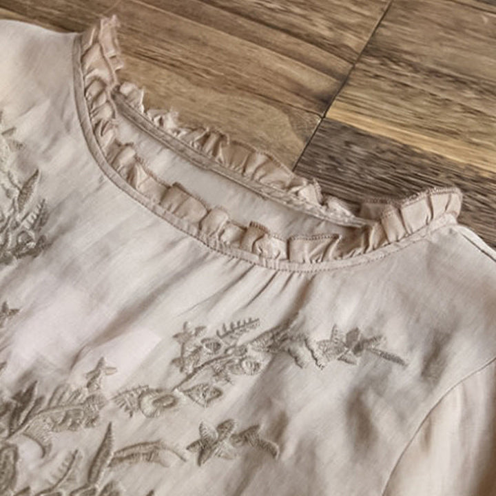 Buddha Stones Casual Embroidery Half Puff Sleeve Ruffles Crew Neck Cotton Linen Women's T-Shirt - image 9