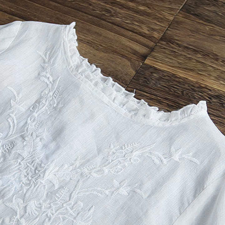 Buddha Stones Casual Embroidery Half Puff Sleeve Ruffles Crew Neck Cotton Linen Women's T-Shirt - image 2