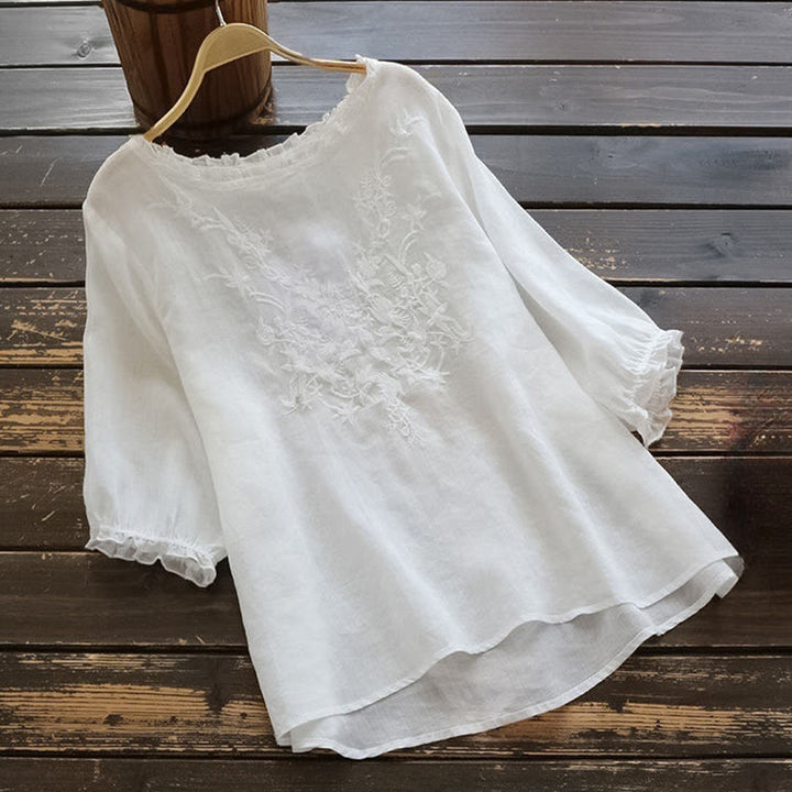 Buddha Stones Casual Embroidery Half Puff Sleeve Ruffles Crew Neck Cotton Linen Women's T-Shirt - Snow - US14，UK/AU18，EU46 (4XL) - image 1