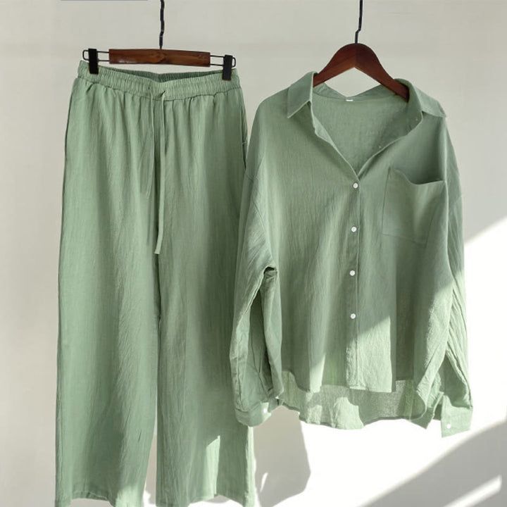 Buddha Stones 2Pcs Long Sleeve Shirt Top With Pockets Drawstring Pants Meditation Cotton Linen Clothing Women's Set - LightGreen - US20，UK/AU24，EU52 (5XL) - image 42
