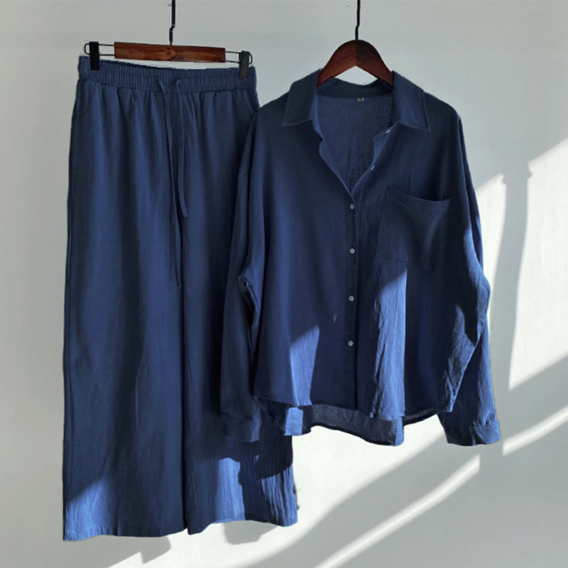 Buddha Stones 2Pcs Long Sleeve Shirt Top With Pockets Drawstring Capri Pants Meditation Cotton Clothing Women's Set - DarkBlue - US16，UK/AU20，EU48 (5XL) - image 30