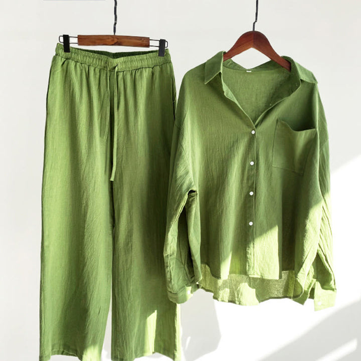 Buddha Stones 2Pcs Long Sleeve Shirt Top With Pockets Drawstring Pants Meditation Cotton Linen Clothing Women's Set - LimeGreen - US18，UK/AU22，EU50 (5XL) - image 0