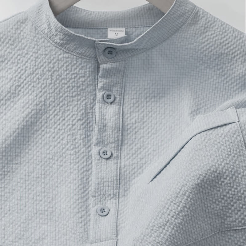 Buddha Stones Solid Color Polo Plaid Half Buttons Men's Short Sleeve Shirt