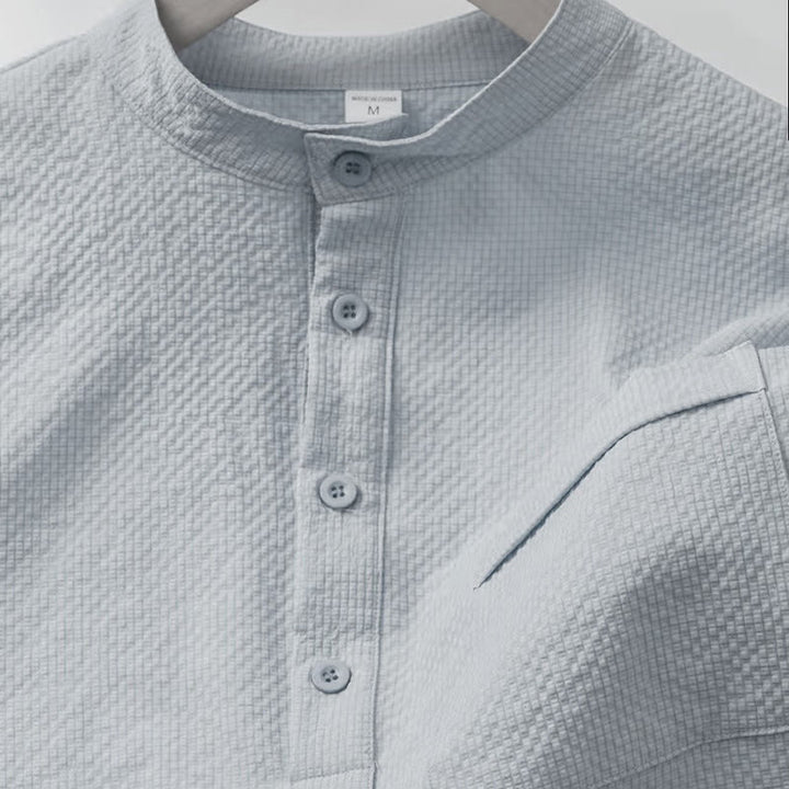 Buddha Stones Solid Color Polo Plaid Half Buttons Men's Short Sleeve Shirt