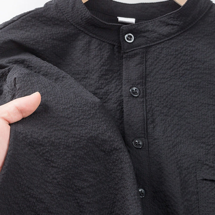 Buddha Stones Solid Color Polo Plaid Half Buttons Men's Short Sleeve Shirt - image 13