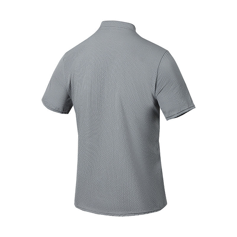 Buddha Stones Solid Color Polo Plaid Half Buttons Men's Short Sleeve Shirt