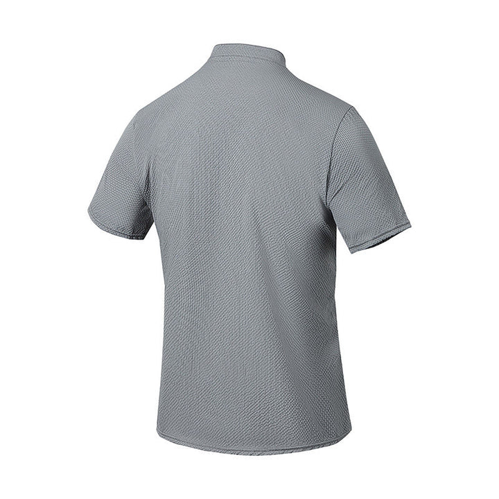 Buddha Stones Solid Color Polo Plaid Half Buttons Men's Short Sleeve Shirt