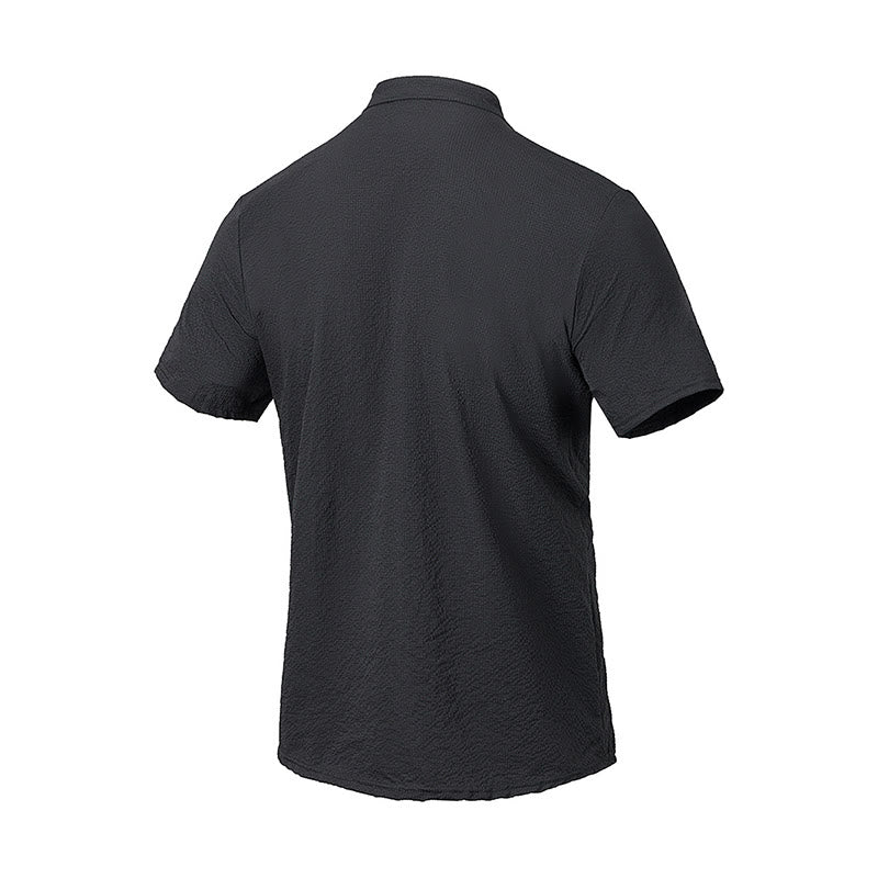 Buddha Stones Solid Color Polo Plaid Half Buttons Men's Short Sleeve Shirt