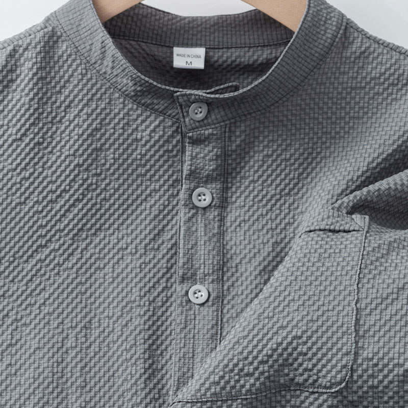 Buddha Stones Solid Color Polo Plaid Half Buttons Men's Short Sleeve Shirt
