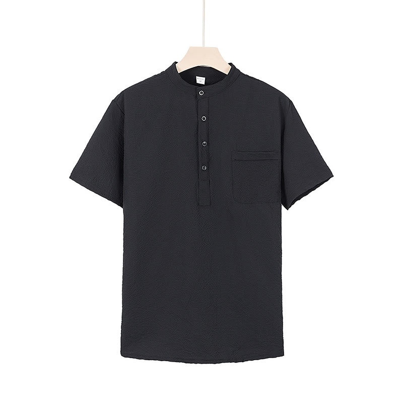 Buddha Stones Solid Color Polo Plaid Half Buttons Men's Short Sleeve Shirt
