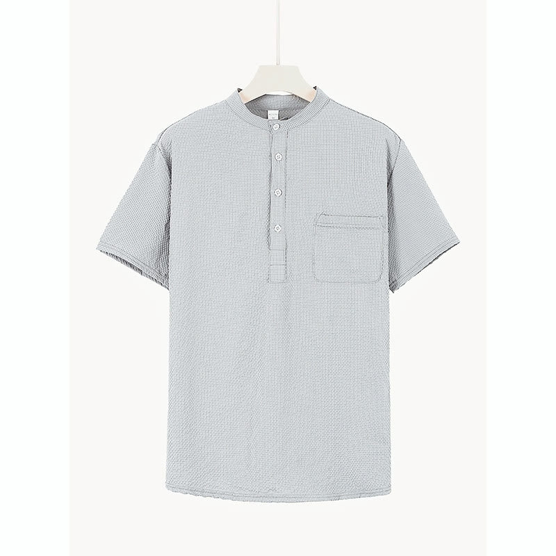 Buddha Stones Solid Color Polo Plaid Half Buttons Men's Short Sleeve Shirt