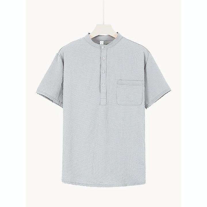 Buddha Stones Solid Color Polo Plaid Half Buttons Men's Short Sleeve Shirt