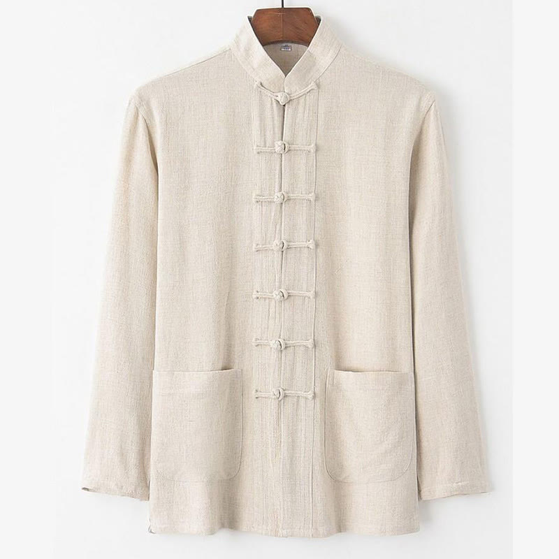 Buddha Stones 2Pcs Tang Suit Frog-Button Long Sleeve Shirt Pants Men's Set - image 1