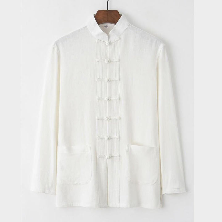 Buddha Stones 2Pcs Tang Suit Frog-Button Long Sleeve Shirt Pants Linen Cotton Men's Set - image 11