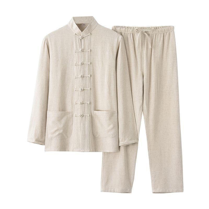 Buddha Stones 2Pcs Tang Suit Frog-Button Long Sleeve Shirt Pants Men's Set - image 9