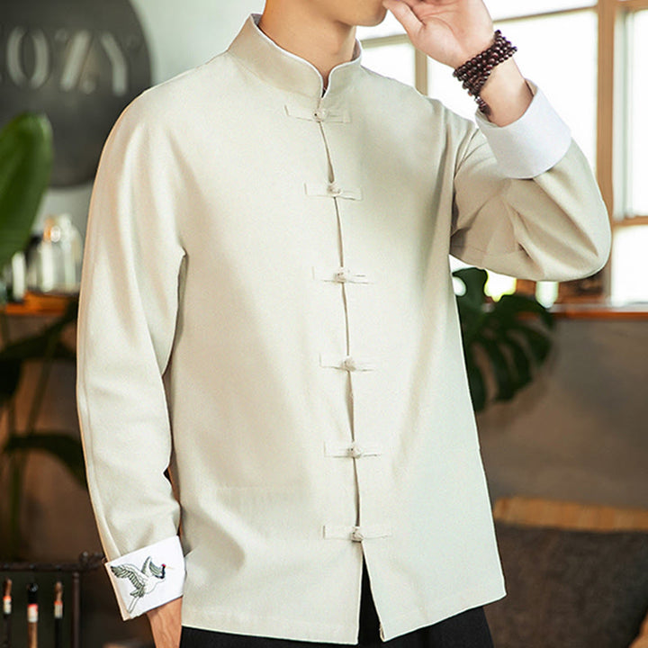 Buddha Stones Tang Suit Frog-Button Crane Embroidery Long Sleeve Cotton Men's Shirt - image 11