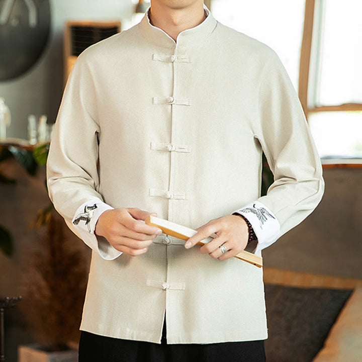 Buddha Stones Tang Suit Frog-Button Crane Embroidery Long Sleeve Cotton Men's Shirt - image 9