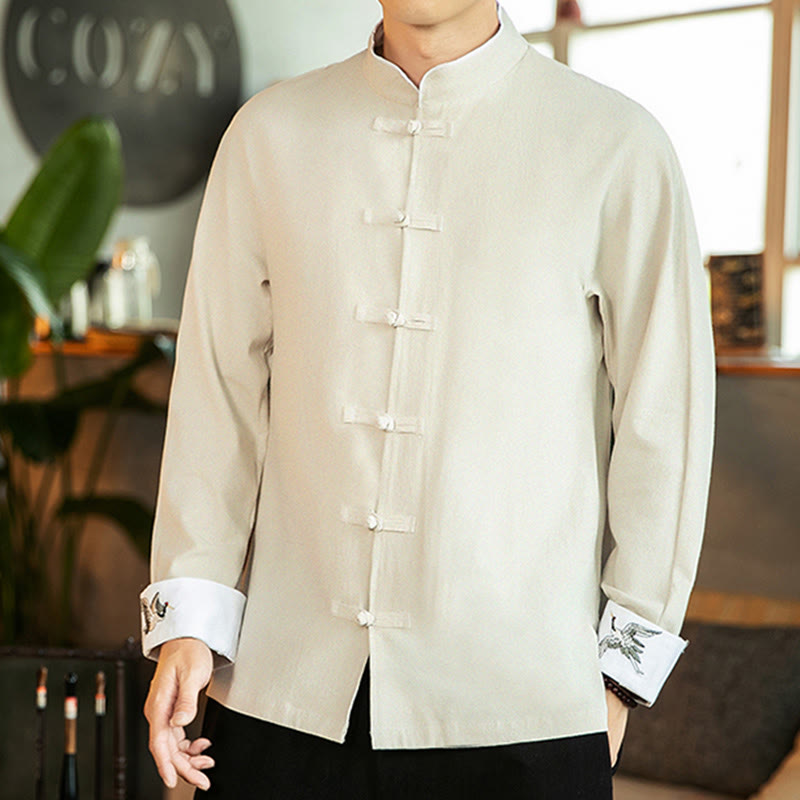 Buddha Stones Tang Suit Frog-Button Crane Embroidery Long Sleeve Cotton Men's Shirt - image 14