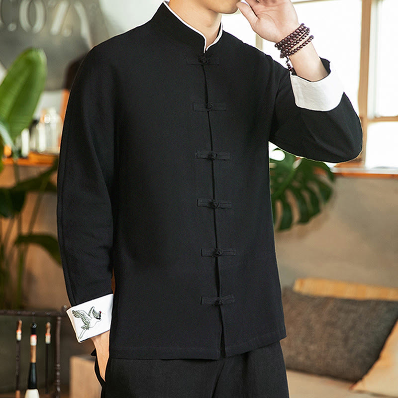 Buddha Stones Tang Suit Frog-Button Crane Embroidery Long Sleeve Cotton Men's Shirt - image 19