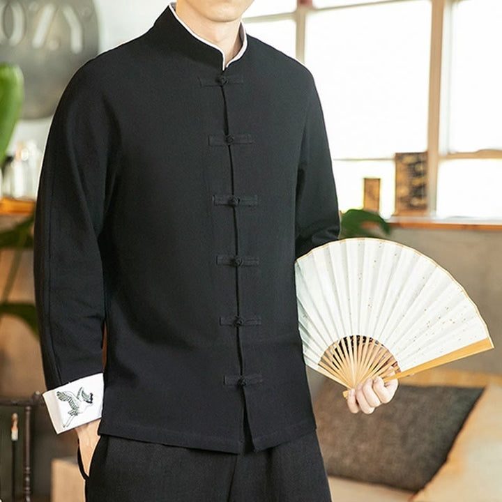 Buddha Stones Tang Suit Frog-Button Crane Embroidery Long Sleeve Cotton Men's Shirt - image 20