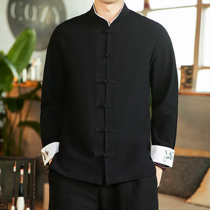 Buddha Stones Tang Suit Frog-Button Crane Embroidery Long Sleeve Cotton Men's Shirt - image 21