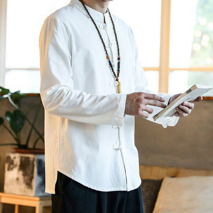 Buddha Stones Casual Stand Collar Frog-Button Long Sleeve Tang Suit Linen Men's Shirt - image 5