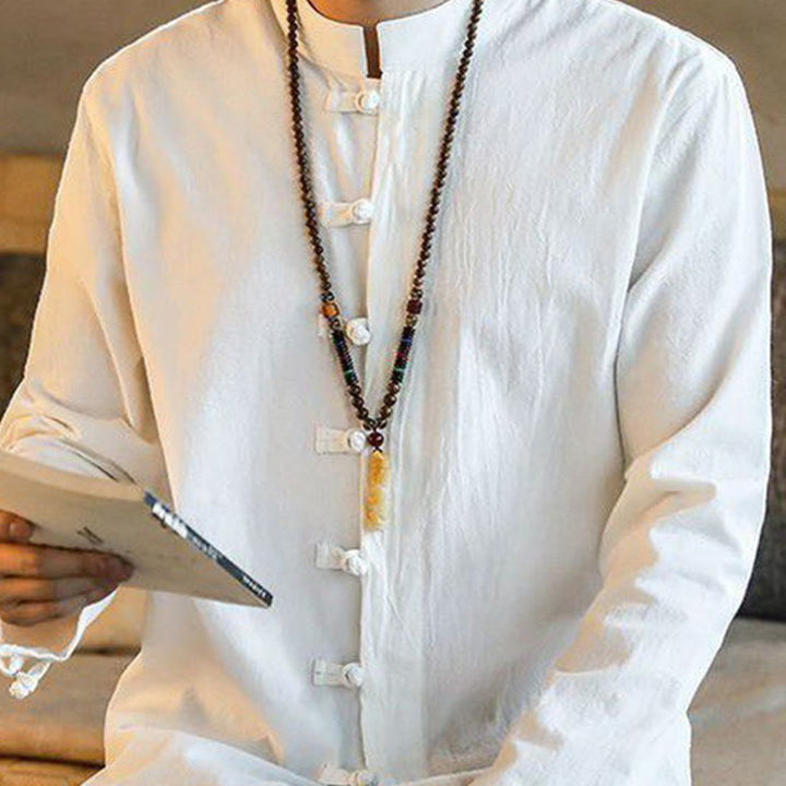 Buddha Stones Casual Stand Collar Frog-Button Long Sleeve Tang Suit Linen Men's Shirt - image 4