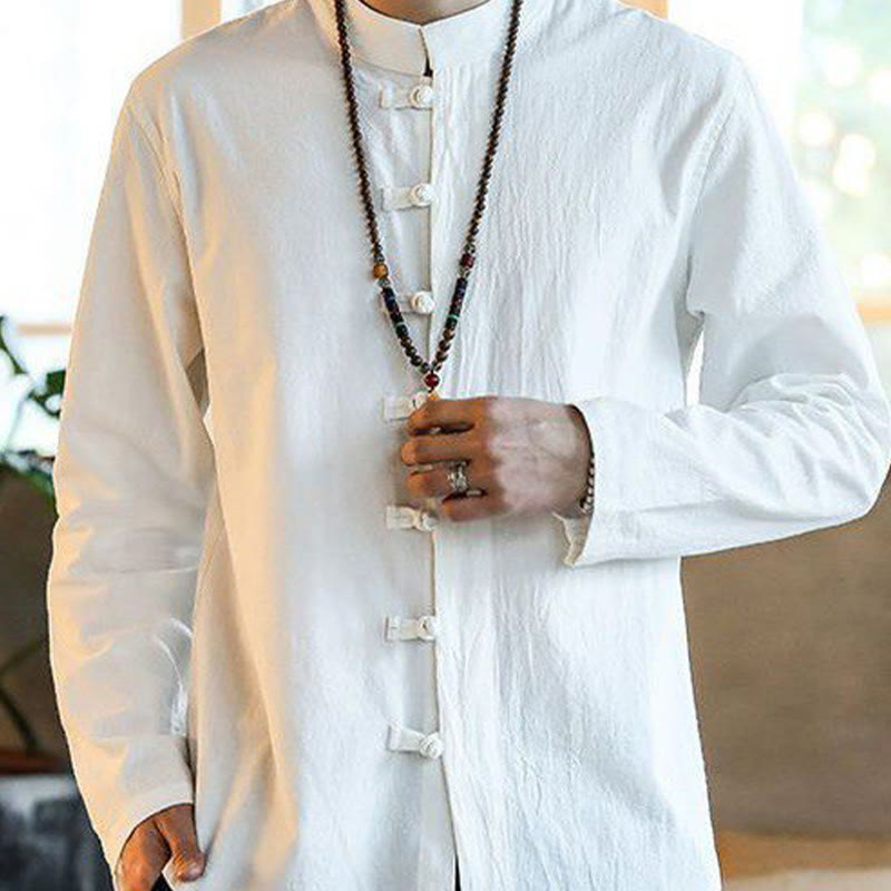 Buddha Stones Casual Stand Collar Frog-Button Long Sleeve Tang Suit Linen Men's Shirt - image 2