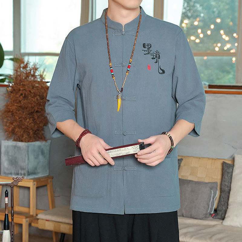 Buddha Stones Frog-Button Chinese Tang Suit Three Quarter Sleeve Cotton Linen Men's Shirt