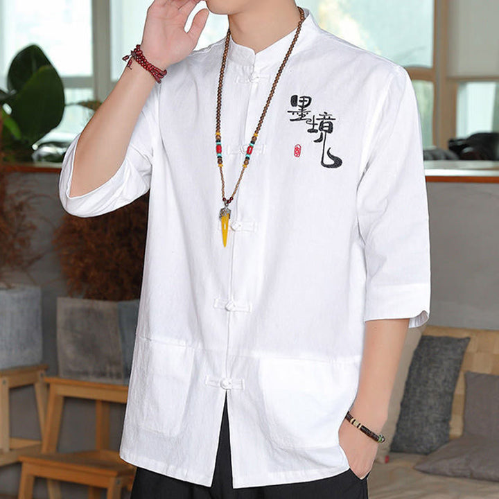 Buddha Stones Frog-Button Chinese Tang Suit Three Quarter Sleeve Cotton Linen Men's Shirt