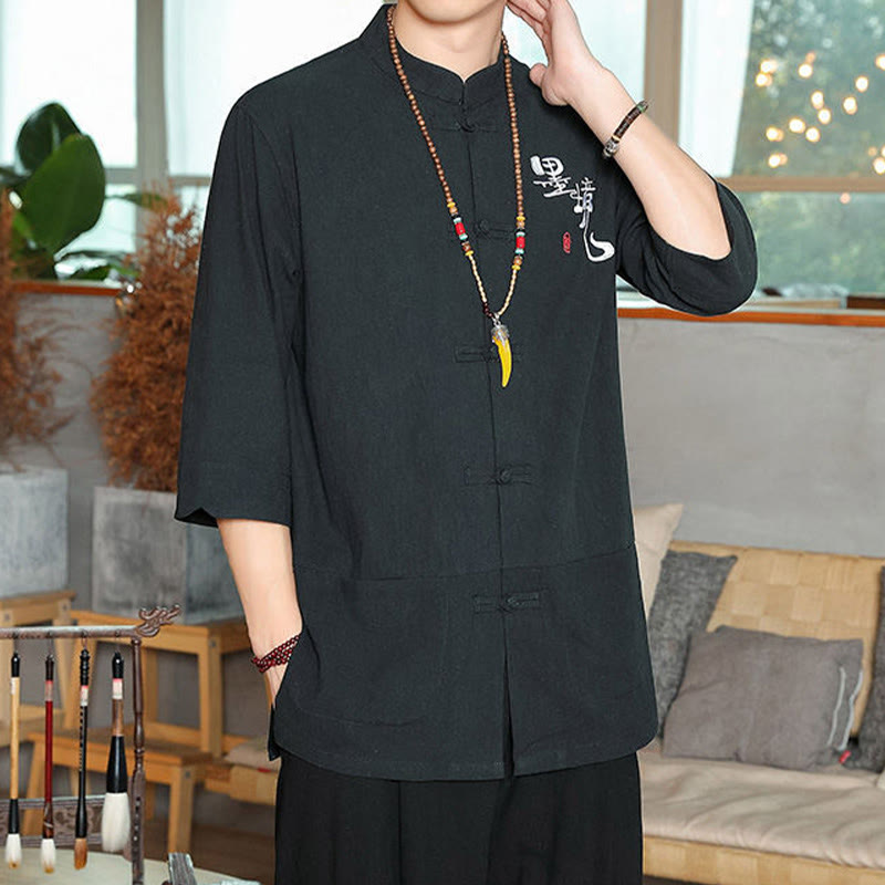 Buddha Stones Frog-Button Chinese Tang Suit Three Quarter Sleeve Cotton Linen Men's Shirt - image 14