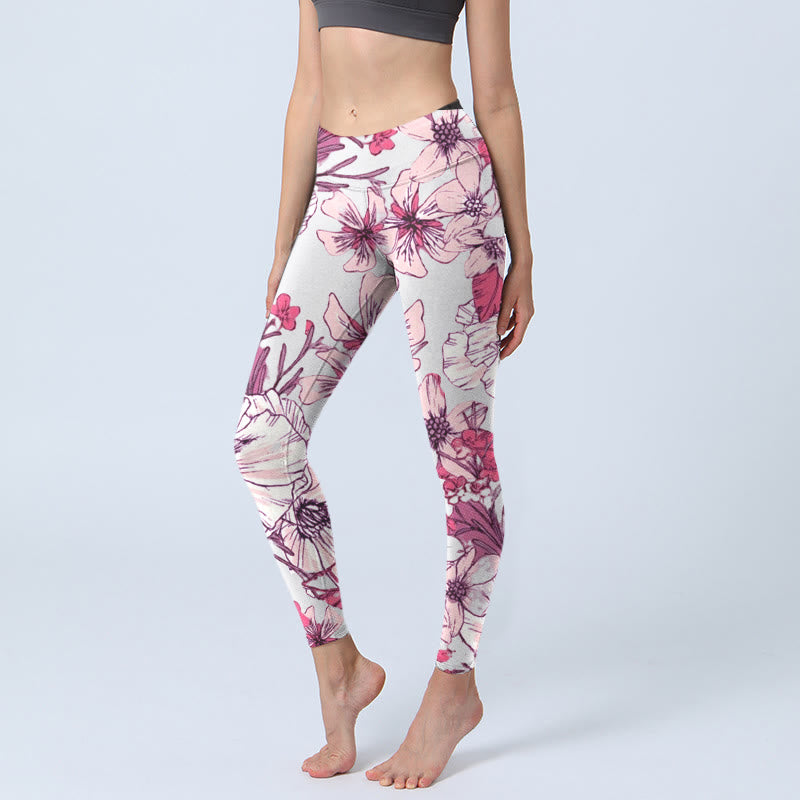 Buddha Stones Pink Rose Red Flowers Print Exercise Leggings Women's Yoga Pants - Beige - US18，UK/AU22，EU50 (4XL) - image 1