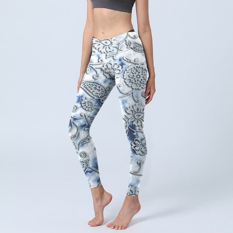 Buddha Stones White Round Flowers Print Exercise Leggings Women's Yoga Pants - Snow - US18，UK/AU22，EU50 (4XL) - image 0