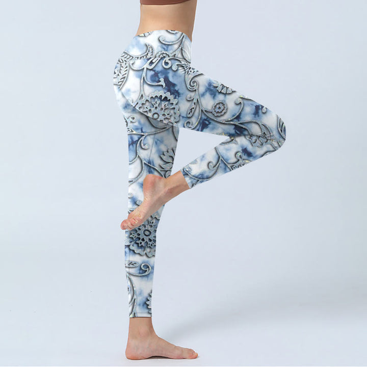 Buddha Stones White Round Flowers Print Exercise Leggings Women's Yoga Pants - image 3