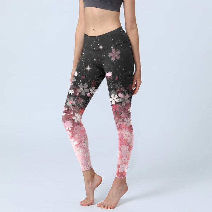 Buddha Stones Pink Cherry Blossoms Print Exercise Leggings Women's Yoga Pants - Black - US18，UK/AU22，EU50 (4XL) - image 0