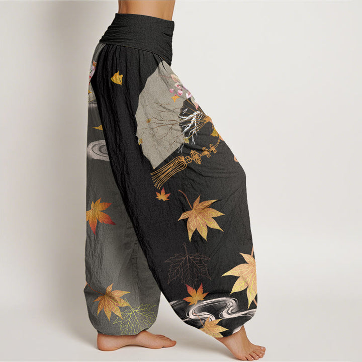 Buddha Stones Cotton Casual Folding Fan Flowers Maple Leaves Cloud Pattern Women's Elastic Waist Harem Pants - image 1