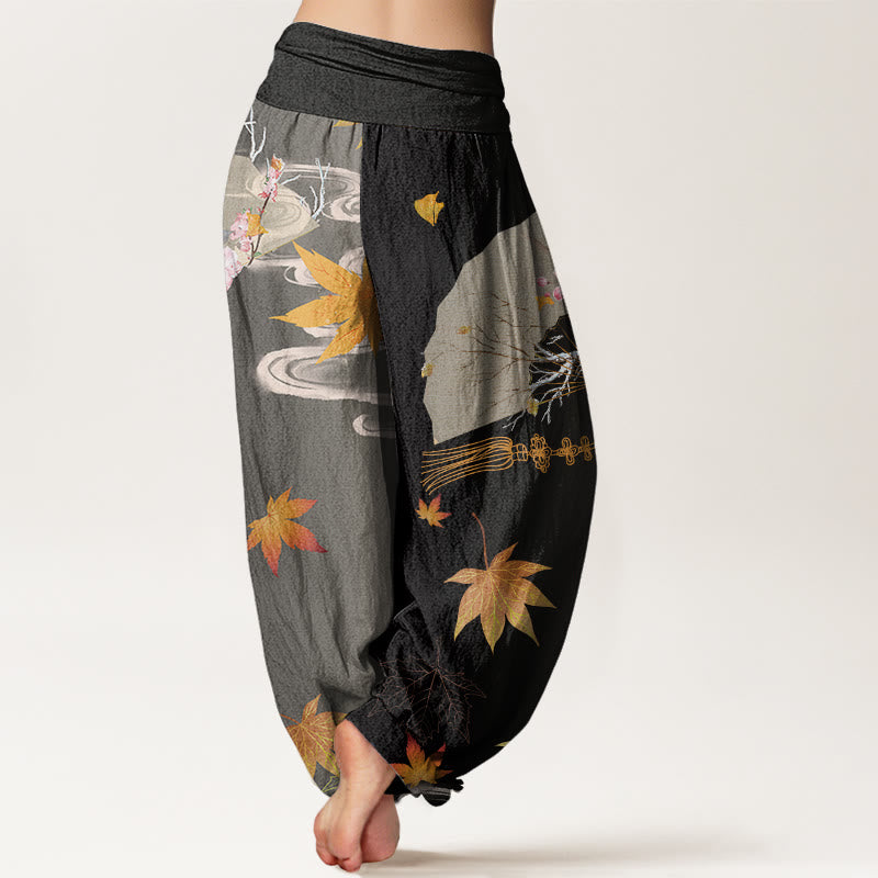 Buddha Stones Cotton Casual Folding Fan Flowers Maple Leaves Cloud Pattern Women's Elastic Waist Harem Pants - image 2