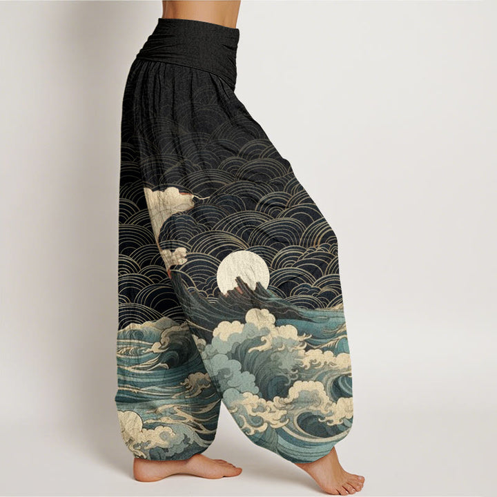 Buddha Stones Cotton Casual Wave Moon Mountain Pattern Women's Elastic Waist Harem Pants - image 1