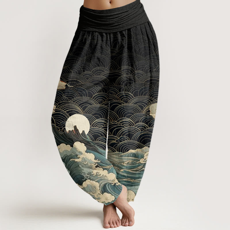 Buddha Stones Cotton Casual Wave Moon Mountain Pattern Women's Elastic Waist Harem Pants - Black - US22，UK/AU26，EU54 (6XL) - image 0