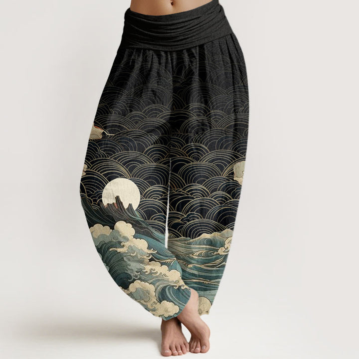 Buddha Stones Cotton Casual Wave Moon Mountain Pattern Women's Elastic Waist Harem Pants - Black - US22，UK/AU26，EU54 (6XL) - image 0