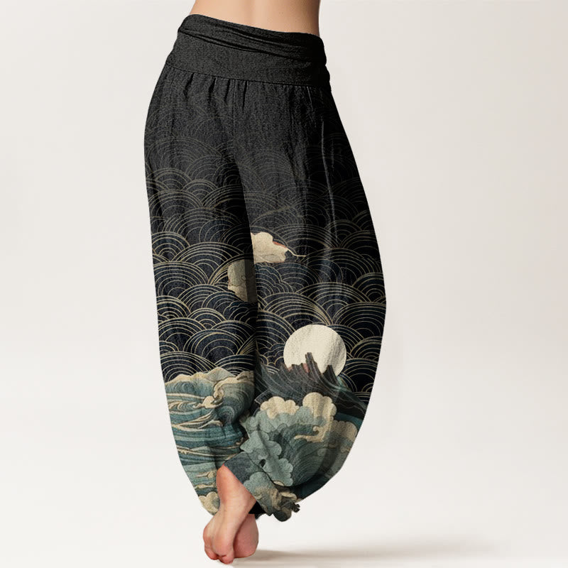 Buddha Stones Cotton Casual Wave Moon Mountain Pattern Women's Elastic Waist Harem Pants - image 2