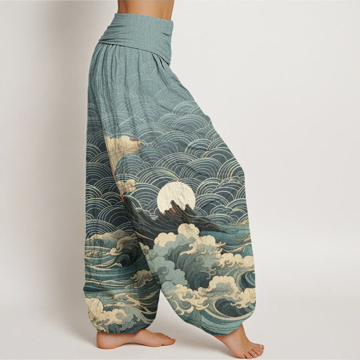 Buddha Stones Casual Wave Moon Mountain Pattern Women's Elastic Waist Harem Pants - image 6