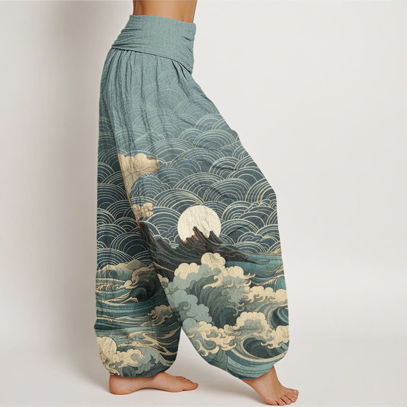 Buddha Stones Cotton Casual Wave Moon Mountain Pattern Women's Elastic Waist Harem Pants - image 5